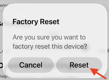 ShowerStar App Settings screen with the Factory Reset option