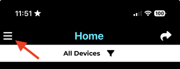 ShowerStar App home screen with the menu icon in the top left corner