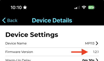 ShowerStar App Device Details screen showing the firmware version