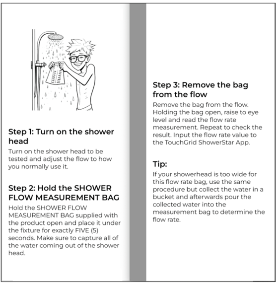 Measuring jug held under a running showerhead to measure flow rate using the ten second bucket method