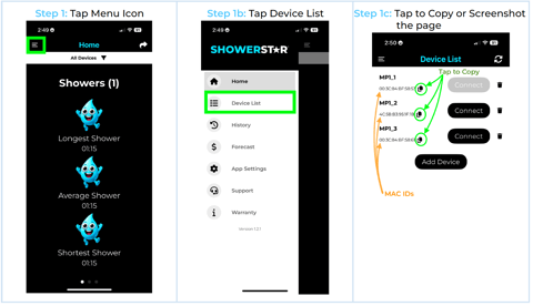 ShowerStar box label showing the device MAC ID