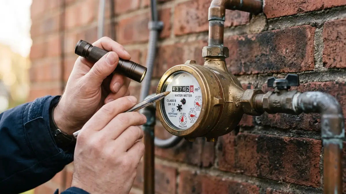Close-up of a residential water meter dial, the usage a landlord pays for on a bills-included rental