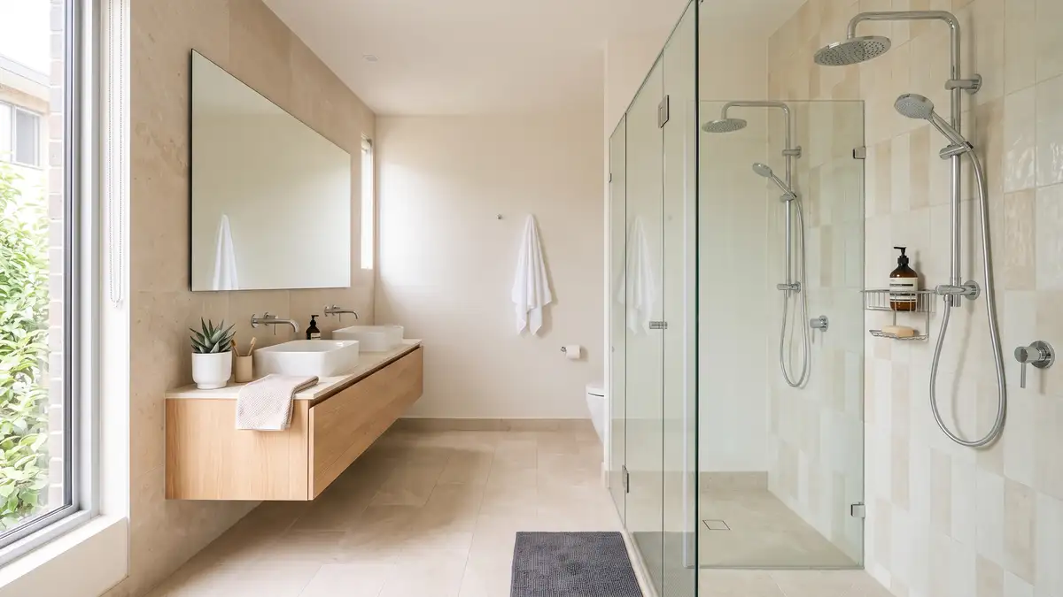 Two chrome showers in a shared bathroom in an Australian co-living or student building