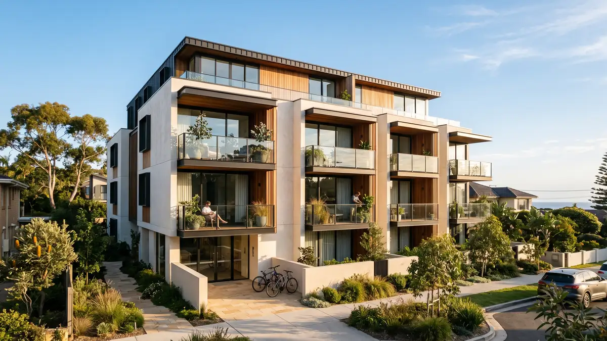 Exterior of a modern low-rise Australian apartment building, the kind of rental portfolio ShowerStar suits