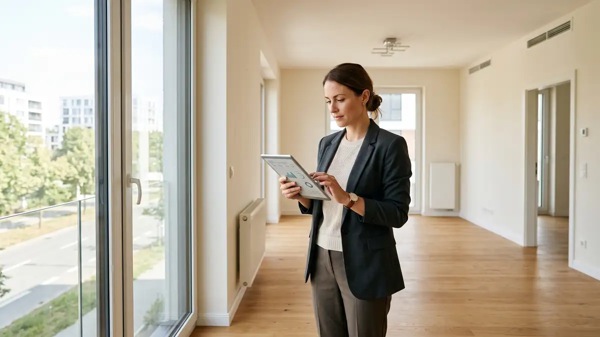 A property manager reviewing figures on a tablet in a bright modern rental apartment