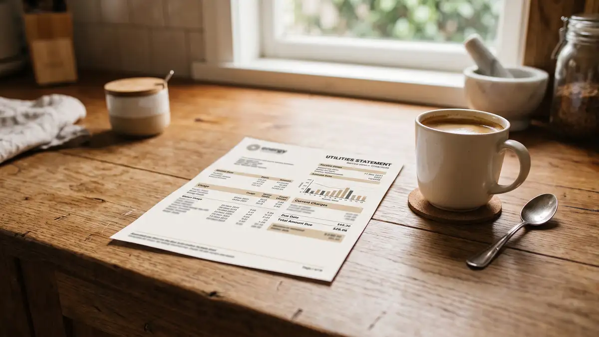 Australian water and electricity bill on a kitchen bench, representing the utility cost landlords absorb on bills-included rentals