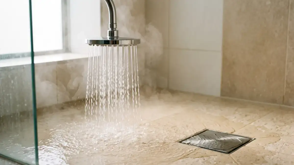 Warm water flowing from a chrome shower head toward the drain, showing how much water a shower uses each minute