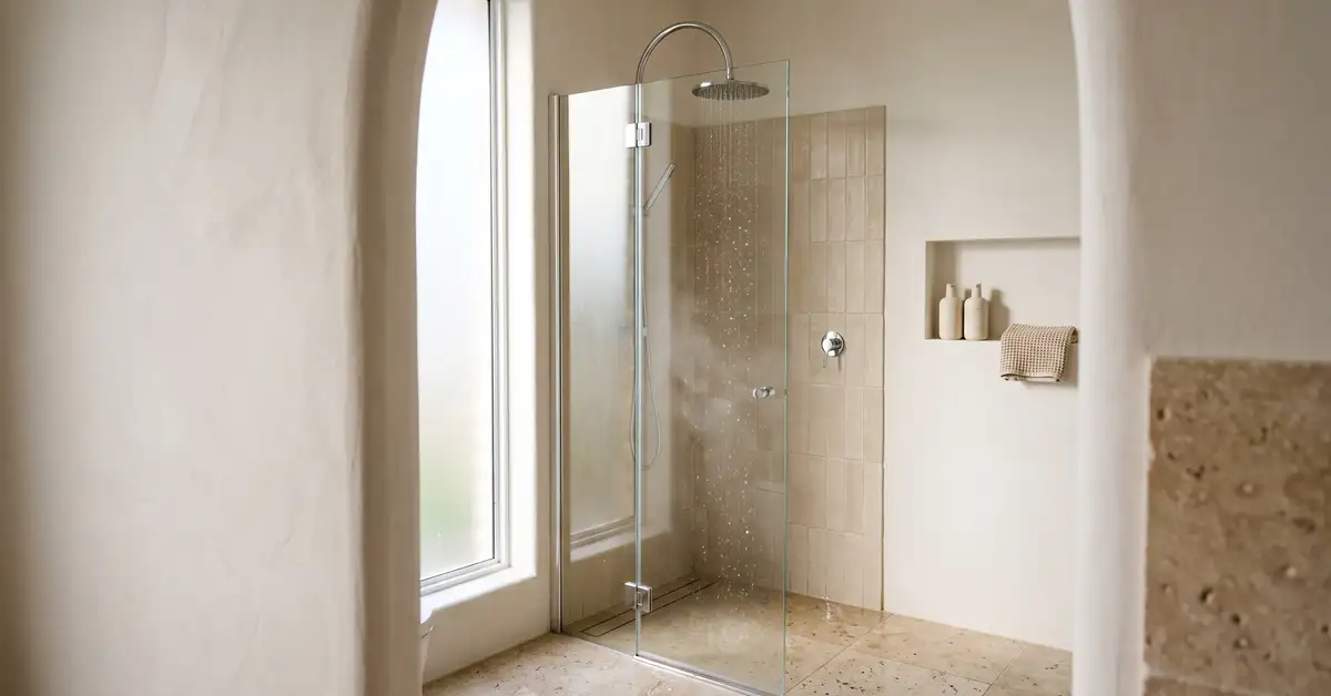 Modern Australian bathroom with a chrome shower running in soft morning light