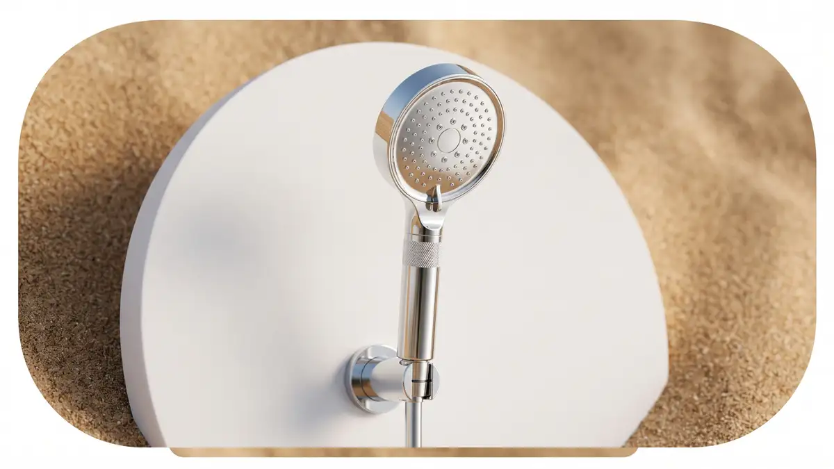 Chrome water-saving shower head on a clean white arc backdrop, showing an efficient low-flow fixture for rentals