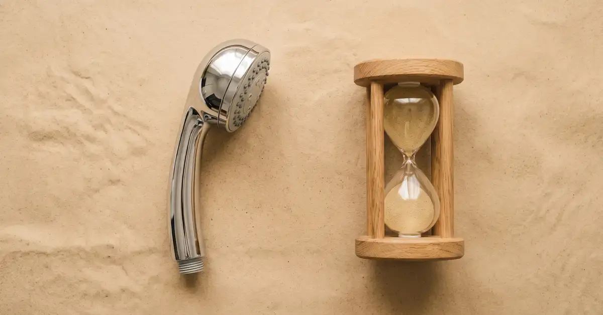 A chrome shower head and a simple hourglass timer on a warm surface, ways to cut shower use in rentals