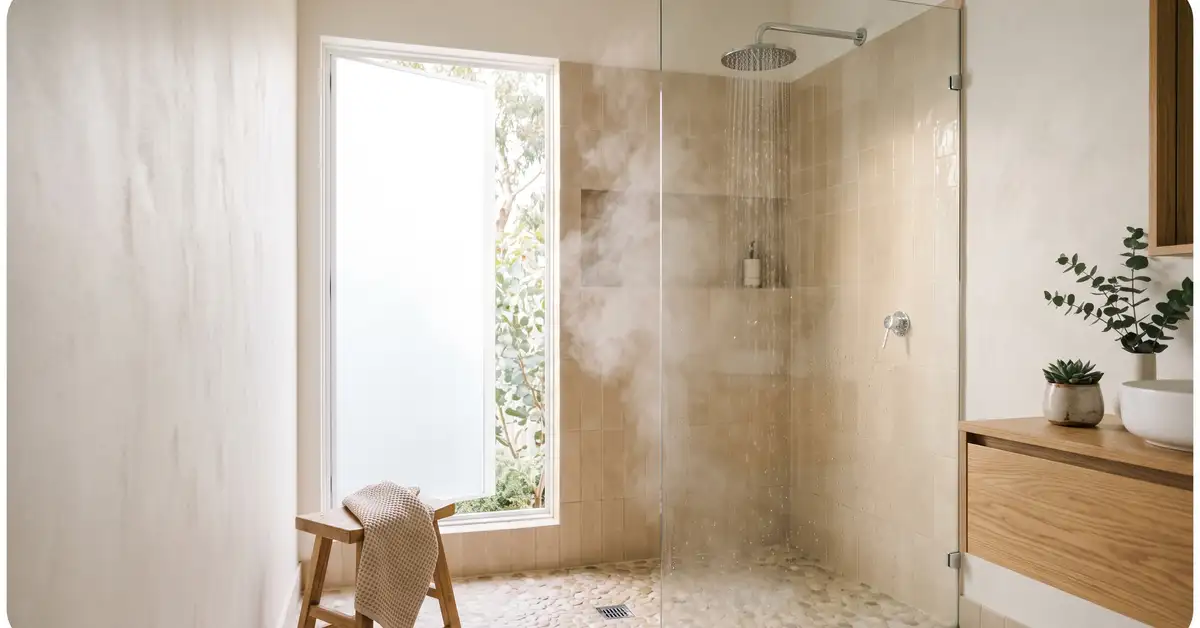 Warm modern Australian bathroom with a chrome shower running in soft morning light