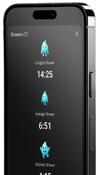 The ShowerStar app screen showing per-shower water and energy savings data for a property