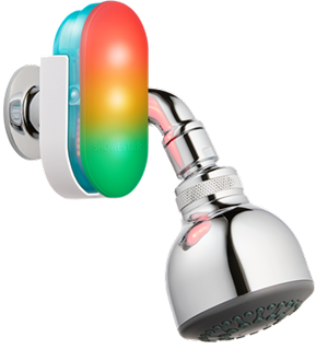 The ShowerStar smart shower sensor with its traffic-light ring, the real behavioural feedback device from TouchGrid